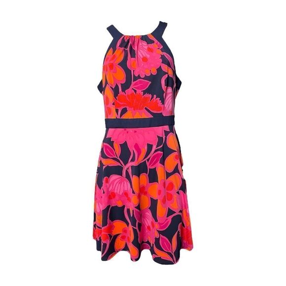 NEW Trina Turk Halter Dress A Line Pink Orange Navy Floral Knee Length Womens 8 - Picture 1 of 7